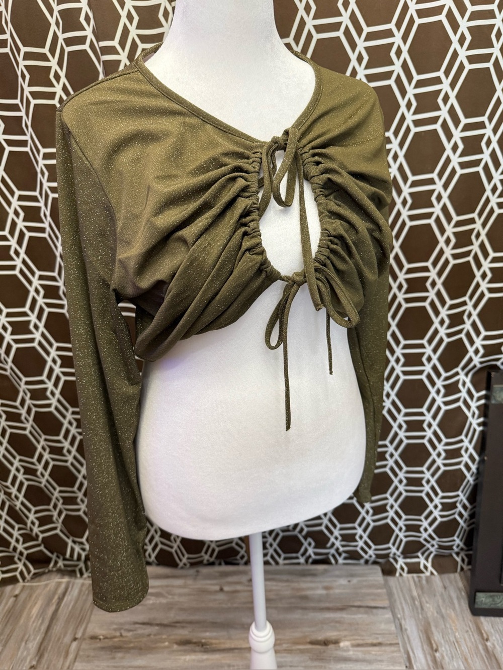 Savage X Fenty Lace-Up Crop Top Women’s 2X Olive Green Glitter Spark Stretch NWT